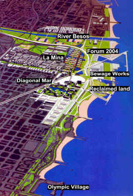 The location of Diagonal Mar, Forum 2004 and La Mina