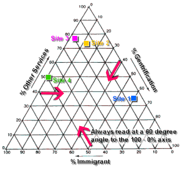 Triangular graph to show the contrasting service structure
for four areas of El Raval