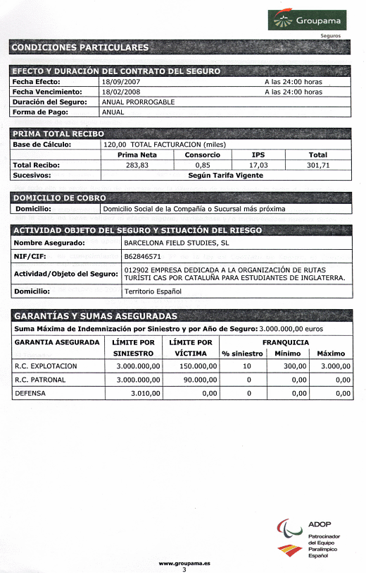 Indemnity insurance certificate