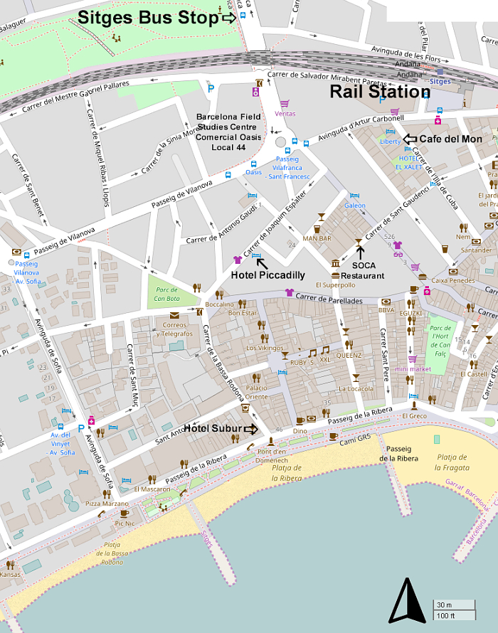 Sitges Hotel, Bus Stop and Restaurant Location Map
