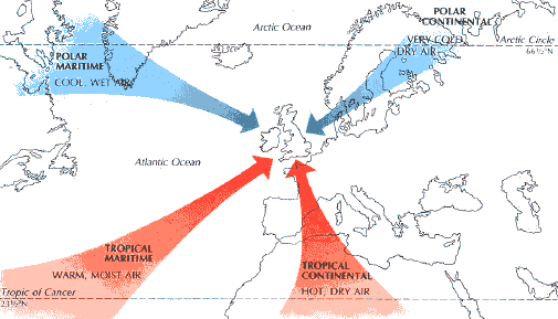 The temperature and humidity characteristics of the air masses affecting the U.K.