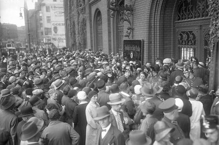 A run on a bank in Berlin, 13 July 1931. Depositors clamour to withdraw their savings