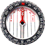 Compass reading: circular central compass dial with red magnetic needle