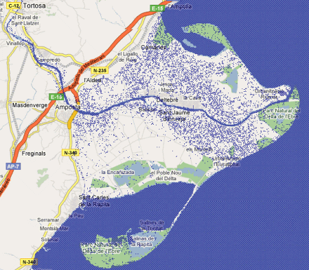 Half of the Ebro Delta has sunk to the
height of sea level, shown by the blue dotted areas above