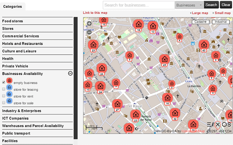 Barcelona: detailed street map including shops and services and closed businesses