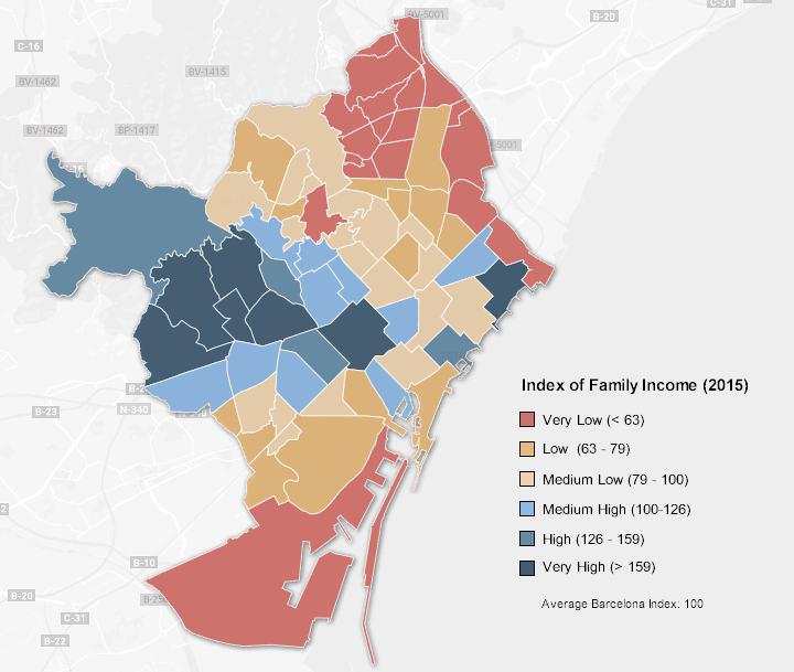 Map of family income inequalities in the districts of Barcelona 2015