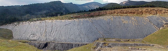 Panoramic view of the titanosaur dinosaur footprints at Fumanya