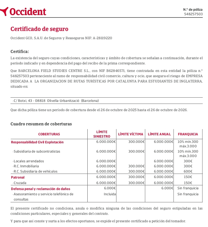 Barcelona Field Studies Centre Public Indemnity Insurance Certificate 2025-2026