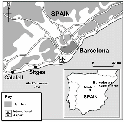 The location of Sitges and Calafell